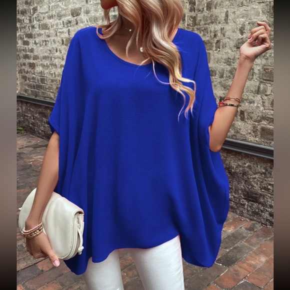 Boho blue V neck batwing sleeve blouse - Picture 2 of 5